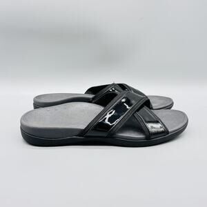 Vionic Sandals Womens 10 Black Patent Merced Crisscross Strap Slide Orthotic